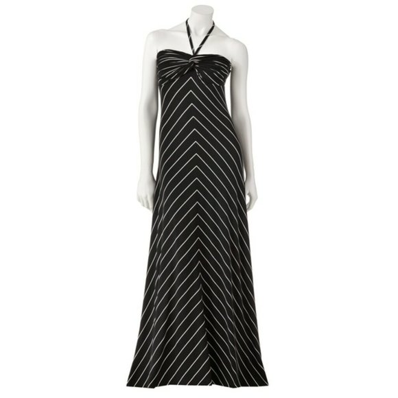 J Lopez striped BEACHY Navy/White Halter Maxi stretchy flattering size M - Picture 1 of 7